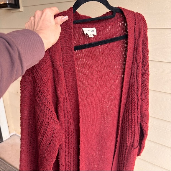 Bibi Burgundy Knit Open Front Cardigan Sweater Pockets Medium Cozy Fall Layer - Picture 1 of 7